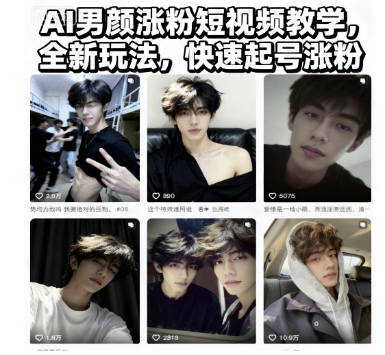 AI男颜涨粉短视频教学,全新玩法,快速起号涨粉-甄选网创