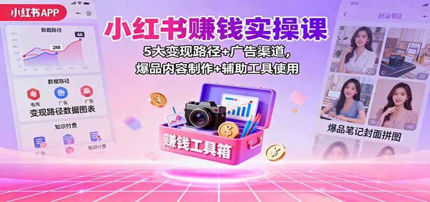 小红书赚钱实操课:5大变现路径+广告渠道,爆品内容制作+辅助工具使用-甄选网创