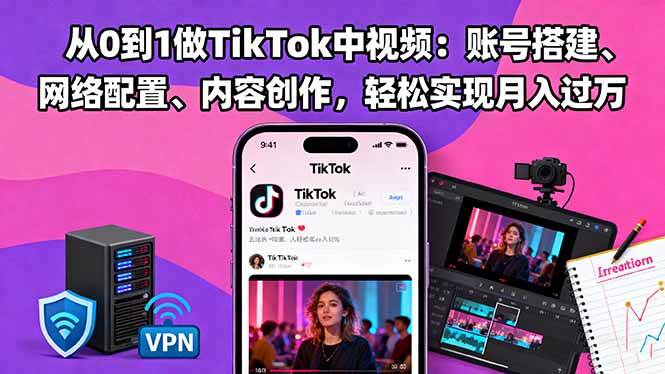 (16461期)从0到1做TikTok中视频:账号搭建、网络配置、内容创作,轻松实现月入过万-甄选网创