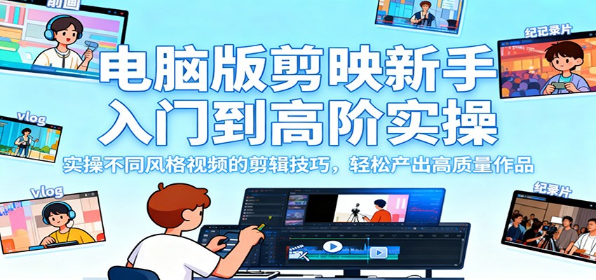 电脑版剪映新手入门到高阶实操,实操不同风格视频的剪辑技巧,轻松产出高质量作品-甄选网创