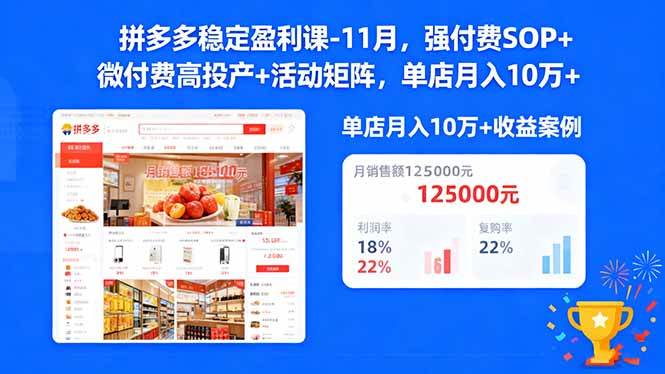 (16557期)拼多多稳定盈利课-11月,强付费SOP+微付费高投产+活动矩阵,单店月入10w+-甄选网创