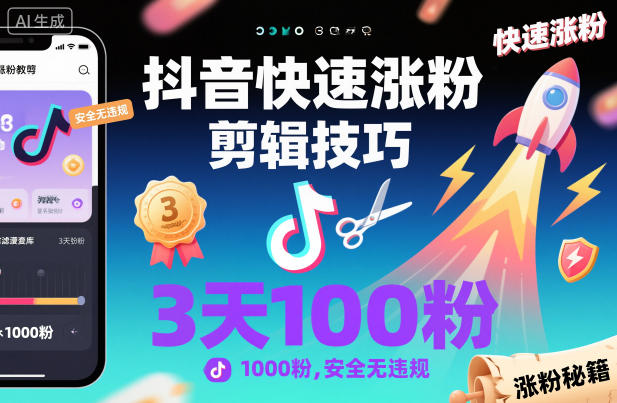 抖音快速涨粉剪辑技巧,3天1000粉,安全无违规-甄选网创