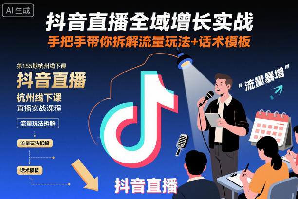 抖音直播全域增长实战第155期杭州线下课,手把手带你拆解流量玩法+话术模板-甄选网创