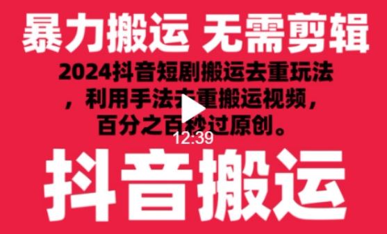 2024最新抖音搬运技术，抖音短剧视频去重，手法搬运，利用工具去重，达到秒过原创的效果【揭秘】-甄选网创