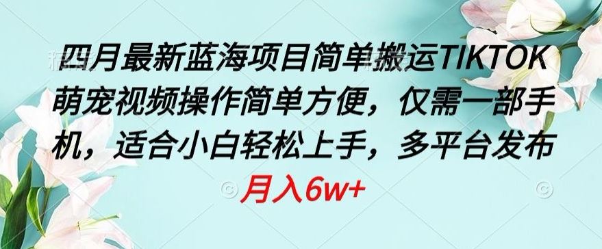 四月最新蓝海项目，简单搬运TIKTOK萌宠视频，操作简单方便，仅需一部手机【揭秘】-甄选网创