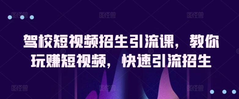驾校短视频招生引流课，教你玩赚短视频，快速引流招生-甄选网创