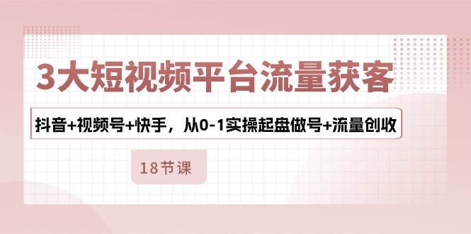 3大短视频平台流量获客，抖音+视频号+快手，从0-1实操起盘做号+流量创收-甄选网创