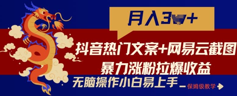 抖音热门文案+网易云截图暴力涨粉拉爆收益玩法，小白无脑操作，简单易上手【揭秘】-甄选网创