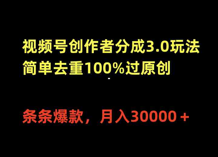 （10001期）视频号创作者分成3.0玩法，简单去重100%过原创，条条爆款，月入30000＋-甄选网创