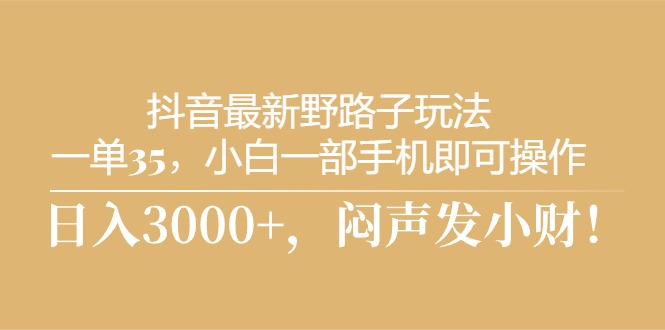 （10766期）抖音最新野路子玩法，一单35，小白一部手机即可操作，，日入3000+，闷…-甄选网创