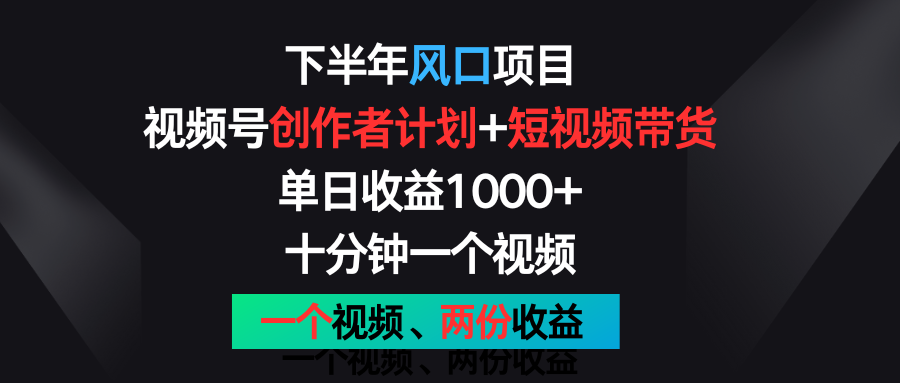 下半年风口项目，视频号创作者计划+视频带货，单日收益1000+，一个视频两份收益-甄选网创