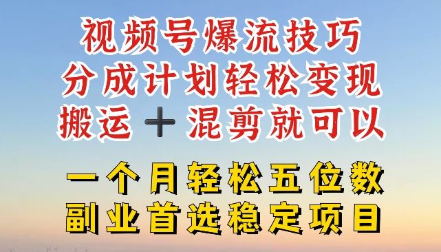 视频号爆流技巧，分成计划轻松变现，搬运 +混剪就可以，一个月轻松五位数稳定项目【揭秘】-甄选网创