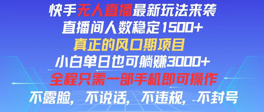 （11792期）快手无人直播全新玩法，直播间人数稳定1500+，小白单日也可躺赚3000+，…-甄选网创