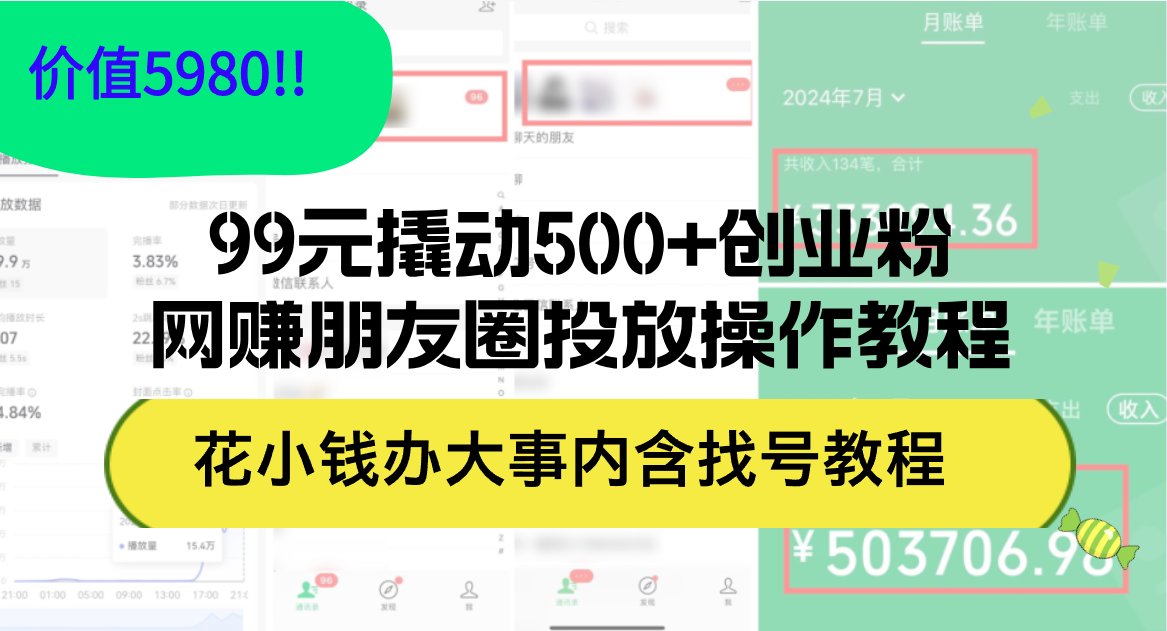 （12431期）99元撬动500+创业粉，网赚朋友圈投放操作教程价值5980！花小钱办大事内…-甄选网创