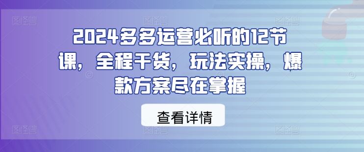 2024多多运营必听的12节课，全程干货，玩法实操，爆款方案尽在掌握-甄选网创