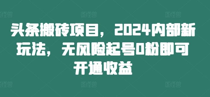 头条搬砖项目，2024内部新玩法，无风险起号0粉即可开通收益-甄选网创