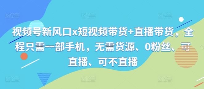 视频号新风口x短视频带货+直播带货，全程只需一部手机，无需货源、0粉丝、可直播、可不直播-甄选网创