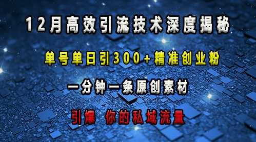 最新高效引流技术深度揭秘 ，单号单日引300+精准创业粉，一分钟一条原创素材，引爆你的私域流量-甄选网创