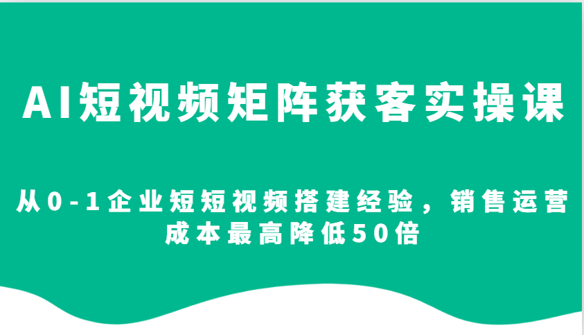 AI短视频矩阵获客实操课，从0-1企业短短视频搭建经验，销售运营成本最高降低50倍-甄选网创