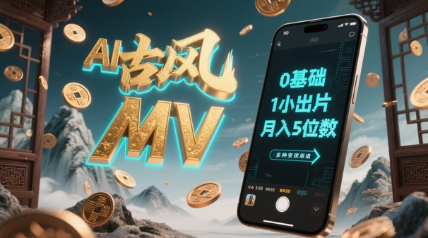AI一键生成古风音乐MV，0剪辑基础1小时出片，多种变现渠道，一部手机月入5位数-甄选网创