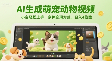 AI生成萌宠动物视频，小白轻松上手，多种变现方式，日入4位数-甄选网创