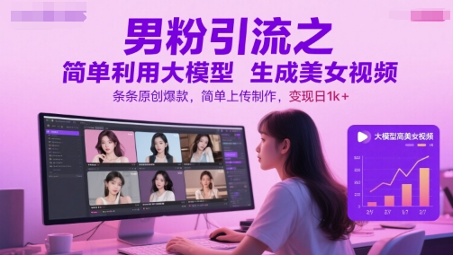 男粉引流之简单利用大模型生成美女视频，条条原创爆款，简单上传制作，变现日1k+-甄选网创