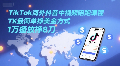 TikTok海外抖音中视频陪跑课程，TK最简单挣美金方式，1万播放挣8刀-甄选网创