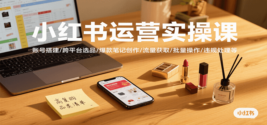 小红书运营实操课，账号搭建/跨平台选品/爆款笔记创作/流量获取/批量操作/违规处理等-甄选网创
