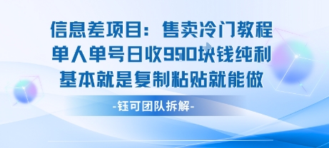 信息差项目：售卖冷门教程单人单号日收9张纯利基本就是复制粘贴就能做-甄选网创