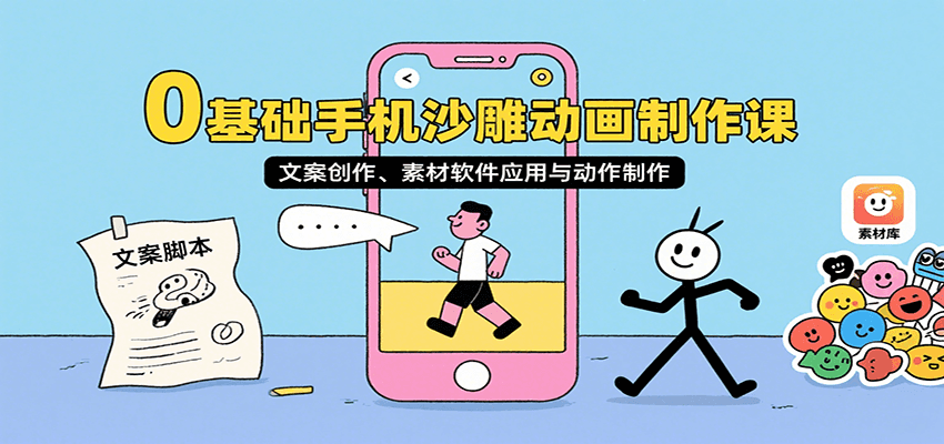 0基础手机沙雕动画制作课，文案创作、素材软件应用与动作制作-甄选网创