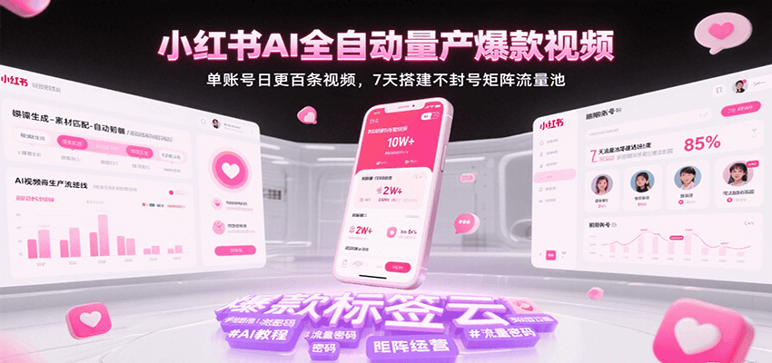 小红书AI全自动量产爆款视频，单账号日更百条视频，7天搭建不封号矩阵流量池（更新）-甄选网创