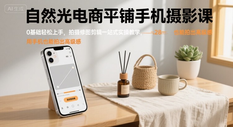 自然光电商平铺手机摄影课，0基础轻松上手，拍摄修图剪辑一站式实操教学，用手机也能拍出高级感-甄选网创