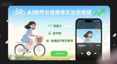 AI制作女孩骑单车治愈视频，流量大，起号快，快速起千粉万粉号-甄选网创