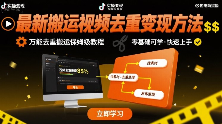 最新搬运视频去重变现方法，万能去重搬运保姆级教程-甄选网创