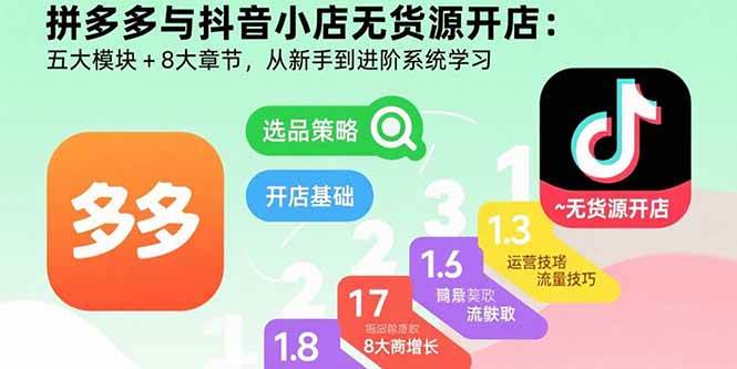 （15805期）拼多多与抖音小店无货源开店：五大模块+8大章节，从新手到进阶系统学习-甄选网创