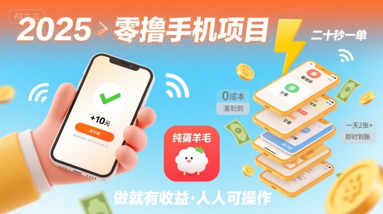 2025年零撸手机项目，二十秒一单，纯薅羊毛 一天2张+做就有-甄选网创