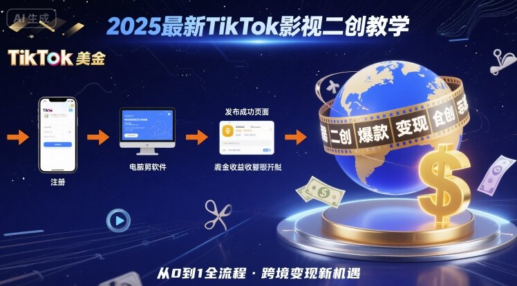 2025年最新TikTok影视二创教学，从注册到发布撸美金全流程，跨境变现新机遇-甄选网创