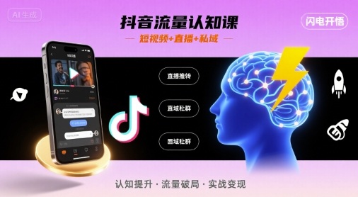 抖音流量认知课，短视频+直播+私域，认知提升，闪电开悟-甄选网创