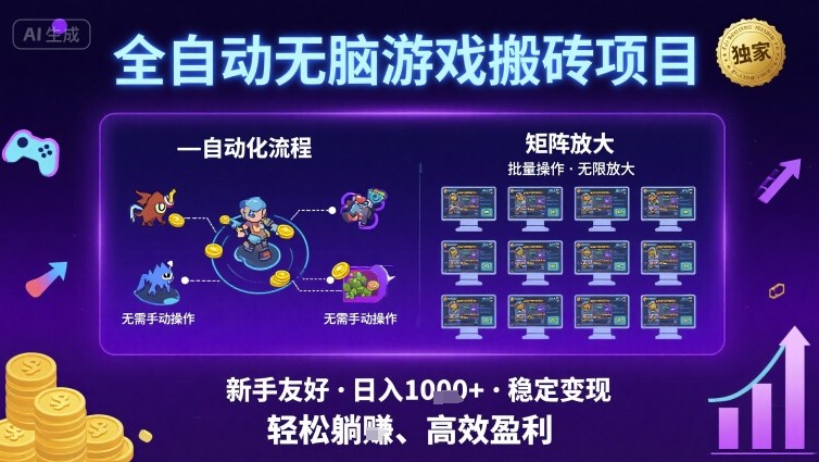 全自动无脑游戏搬砖项目，独家玩法，可批量矩阵无限放大，新手也能轻松日入1k+【揭秘】-甄选网创