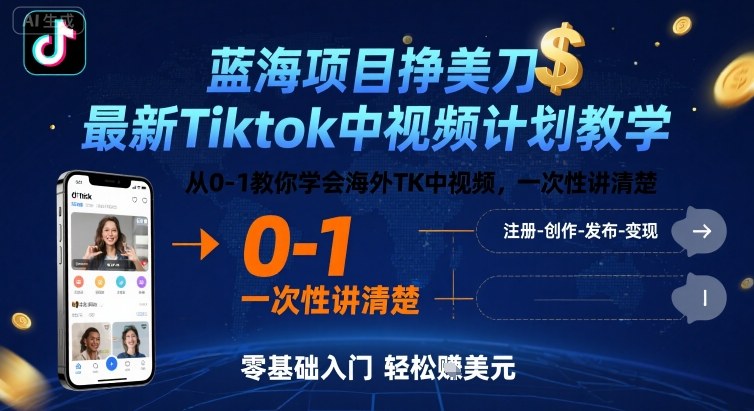 蓝海项目挣美刀，最新Tiktok中视频计划教学，从0-1教你学会海外TK中视频，一次性讲清楚-甄选网创