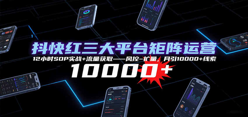 抖快红三大平台矩阵运营，12小时SOP实战+流量获取-风控-扩量，月引10000+线索-甄选网创