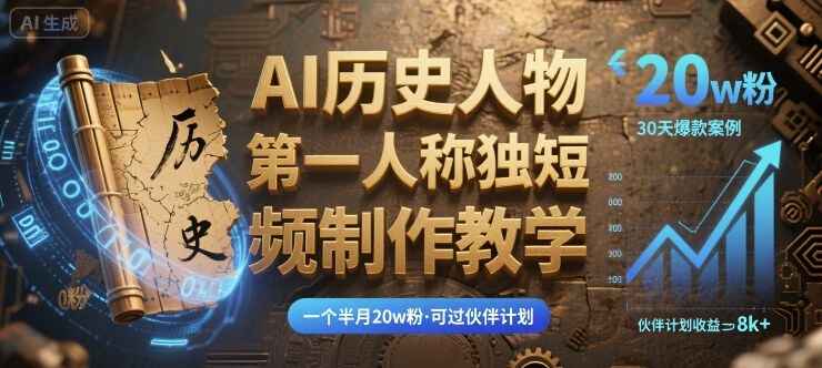 最新AI历史人物第一人称独白短视频制作教学，一个半月20w粉，可过伙伴计划-甄选网创