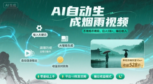 不用拍不用剪！AI自动生成烟雨视频，日入5张+，睡后收入-甄选网创