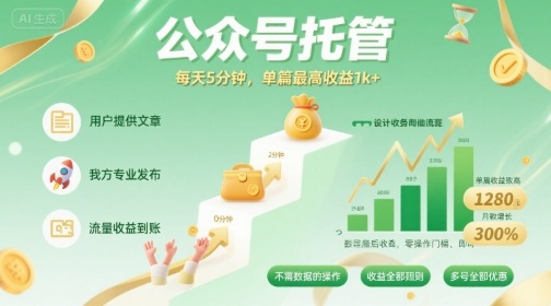【公众号托管 】我提供文章，你发布，每天5分钟，单篇最高收益1k+【揭秘】-甄选网创