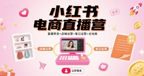 小红书电商直播营，直播带货+店铺运营+笔记运营=全电商-甄选网创