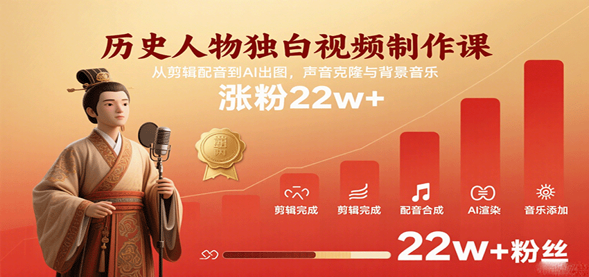 历史人物独白视频制作课，从剪辑配音到AI出图，声音克隆与背景音乐，涨粉22w+-甄选网创
