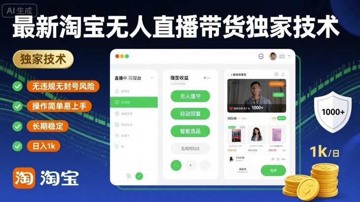 最新淘宝无人直播带货独家技术，无违规无封号风险，操作简单易上手，长期稳定日入1k【揭秘】-甄选网创