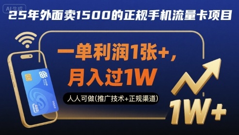 25年外面卖1500的正规手机流量卡项目，一单利润1张+，月入过1W，人人可做(推广技术+正规渠道)【揭秘】-甄选网创