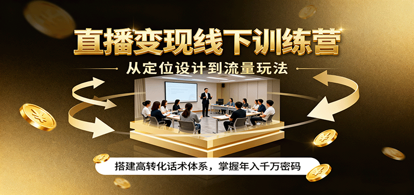 直播变现线下训练营，从定位设计到流量玩法，搭建高转化话术体系，掌握年入千万密码-甄选网创