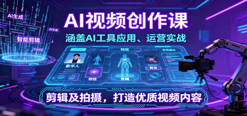 AI视频创作课，涵盖AI工具应用、运营实战、剪辑及拍摄，打造优质视频内容-甄选网创
